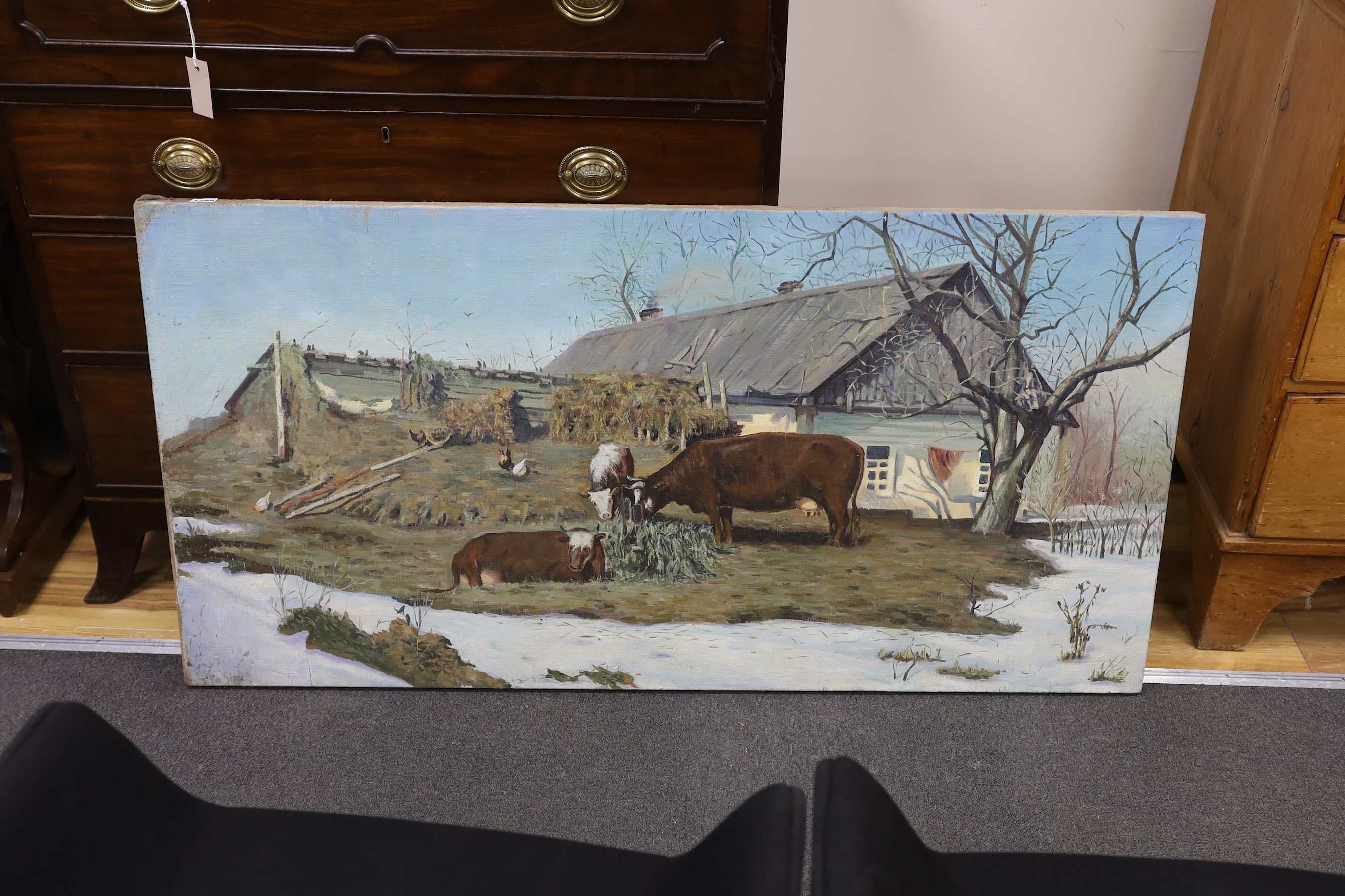 Continental School, oil on canvas, Cattle in a farmyard in winter, 68 x 135cm, unframed. Condition- poor to fair, losses to the paint